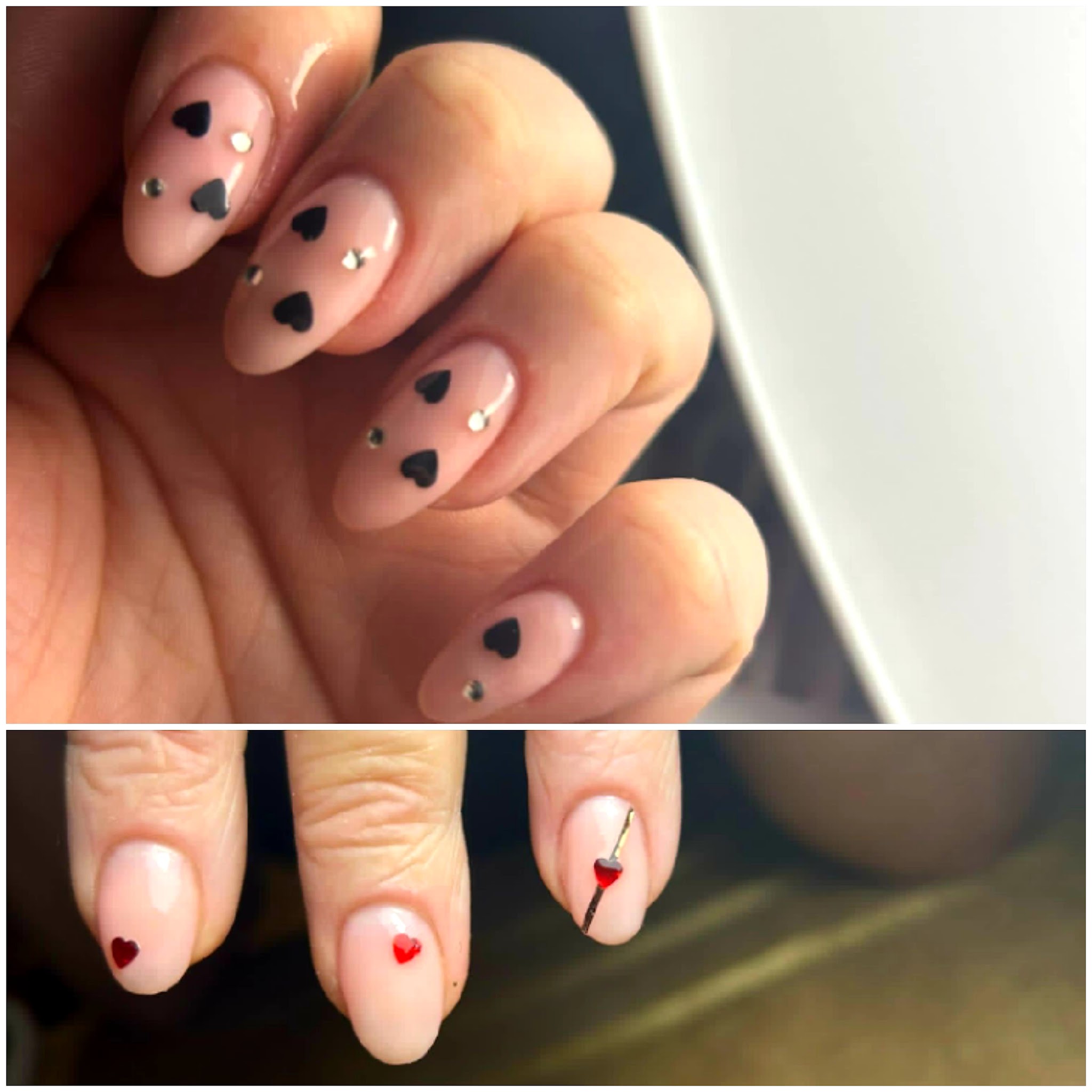 Naturelle nagels met zwarte hartjes en studs, en nagels met kleine rode hartjes